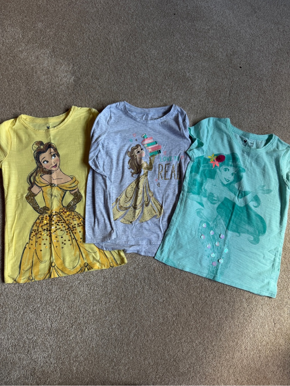 Set of 3 Disney Princess Graphic Tee Bundle - Yellow, Gray, Teal